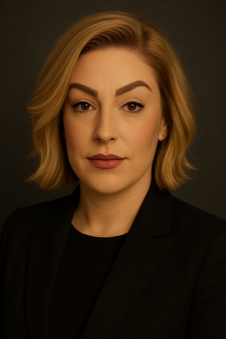 Close-up portrait of a woman with blonde hair, neutral makeup, and a serious expression, wearing a black blazer against a dark background.