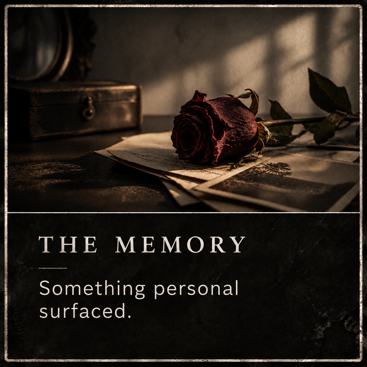 A dry, wilted red rose resting on old photographs and papers on a dark surface, with a vintage box and mirror in the background, evoking a sense of nostalgia and memory.