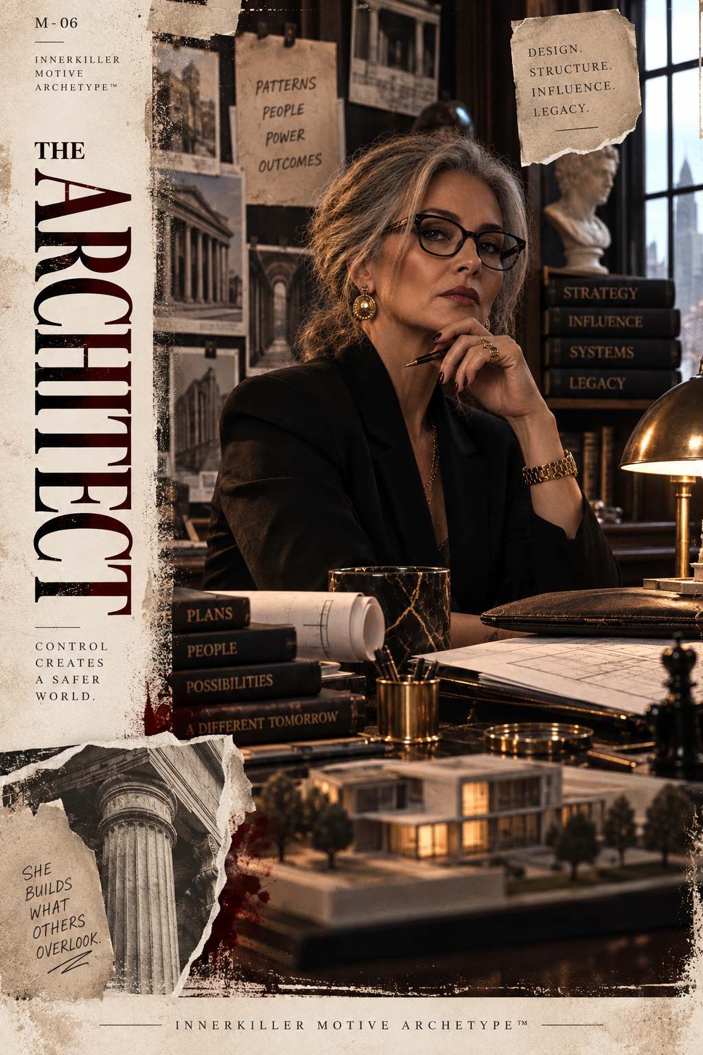 A confident woman with glasses and jewelry sitting at a desk in a well-decorated office, surrounded by architectural plans, books, and photos of buildings, with a bust sculpture and a window in the background.