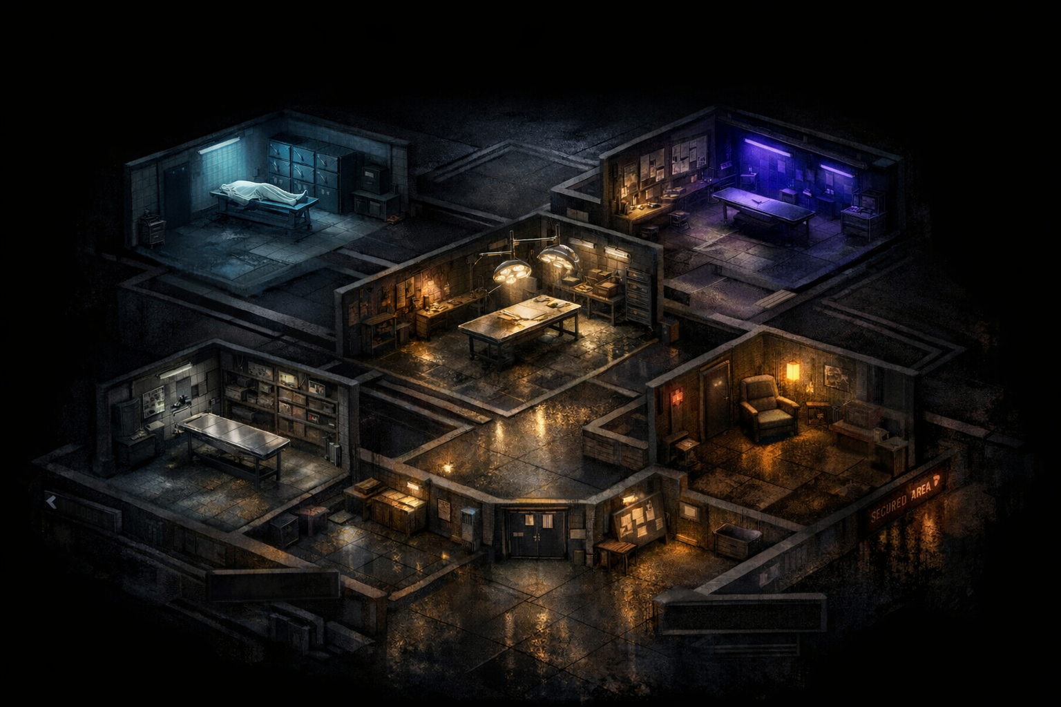 isometric view of a dark, abandoned hospital with different lit rooms, including an operating theater, a patient room, a laboratory, a study, and a corridor labeled 'Secured Area'.