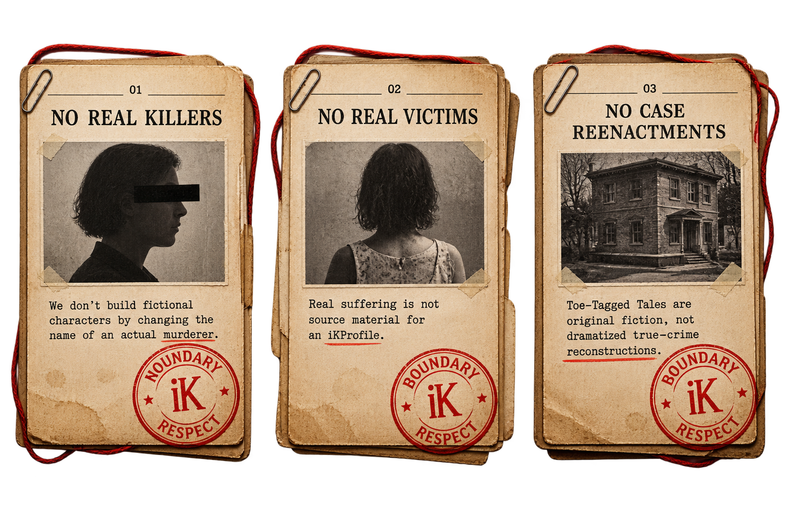 Three vintage-style posters with black-and-white photos and red stamps, each with a title and message about fictional characters, microaggressions, and true crime re-enactments, connected by red strings.