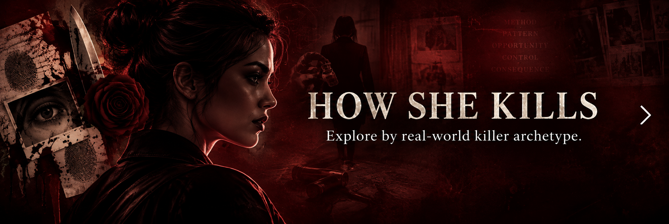 Promotional banner for a show or documentary titled 'How She Kills,' featuring a side profile of a woman with dark hair, a red rose in her hair, and images of evidence such as fingerprints, a murder scene with a shoe print, and a close-up of an eye, all with a dark red background.