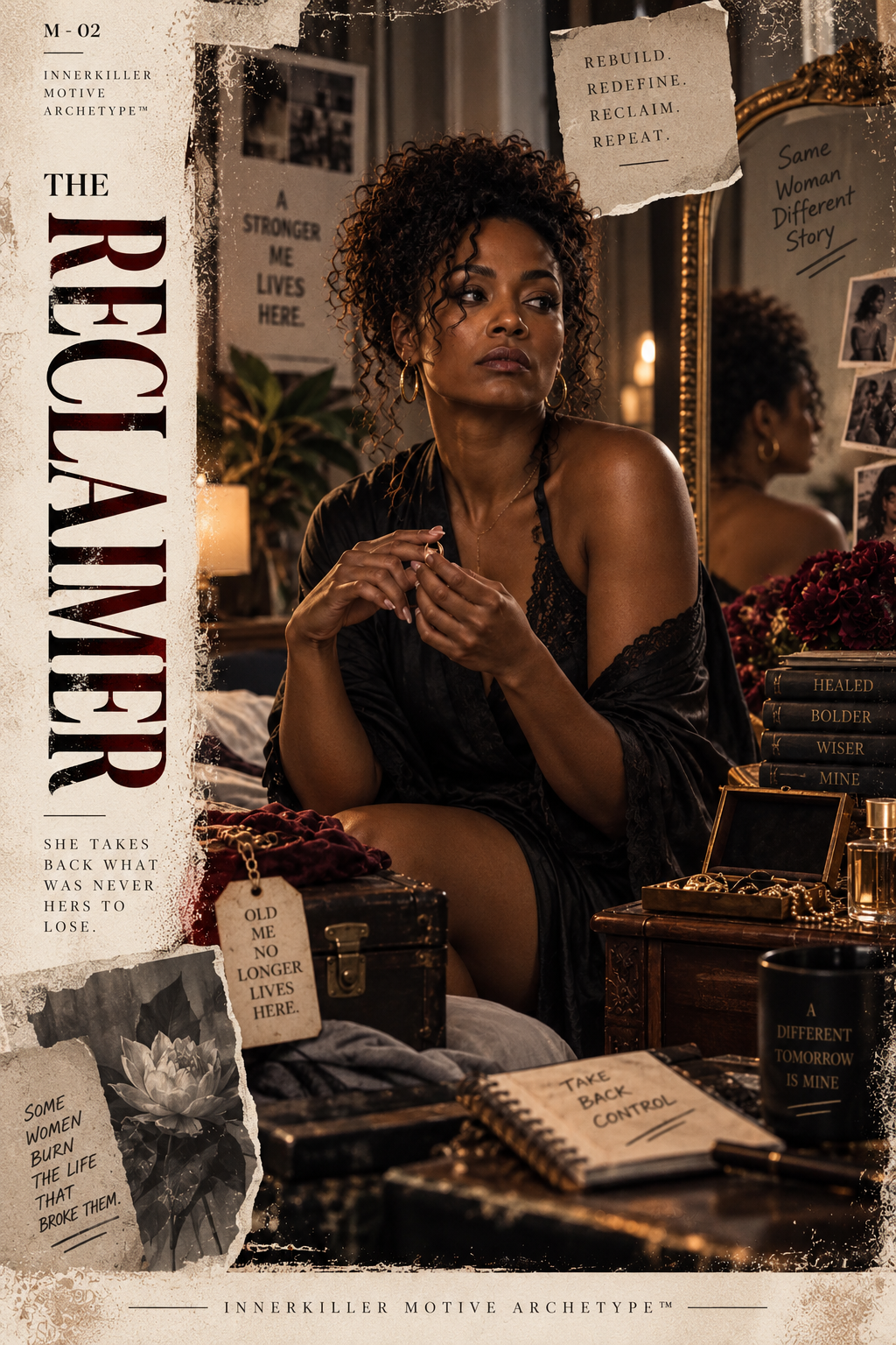 A woman with curly hair and gold hoop earrings sits at a vanity mirror, wearing a black lace robe. She looks thoughtful, holding her hands together. The background has motivational posters and photographs. The scene is filled with jewelry, books, and decorative items, creating a cozy, introspective atmosphere.