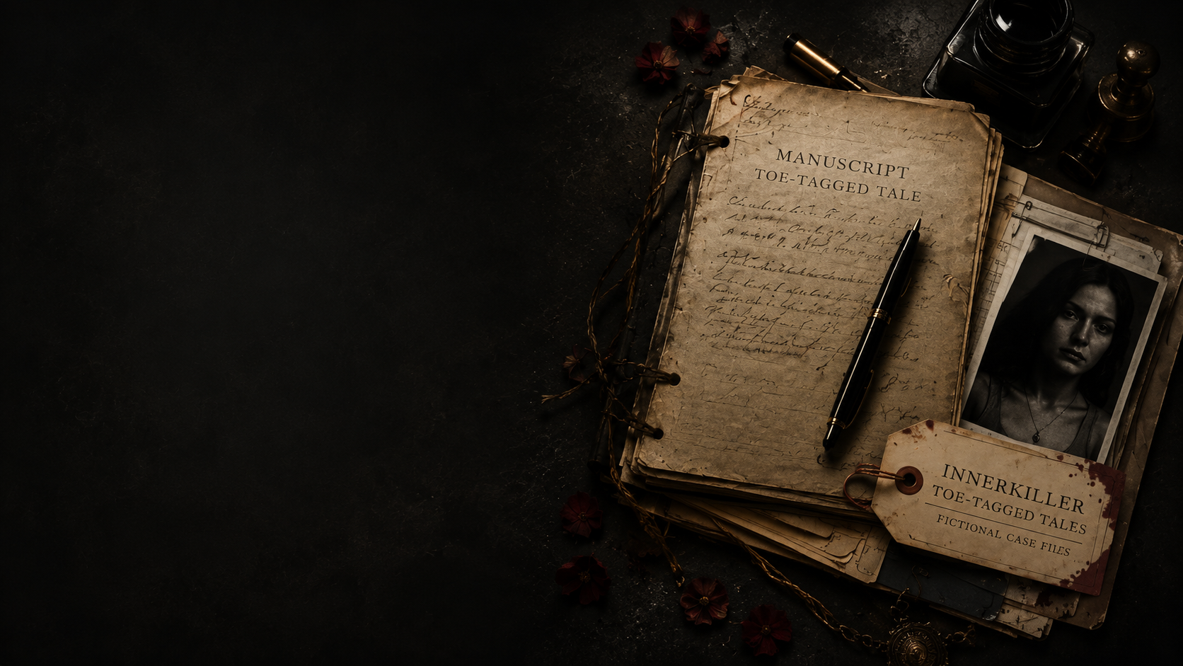 A vintage-style detective or investigator's desk with an open file folder labeled "Innerkiller Toe-Tagged Tales" containing case files and photographs, including a black-and-white photo of a young woman, on a dark surface with scattered dried flowers and an ink bottle in the background.