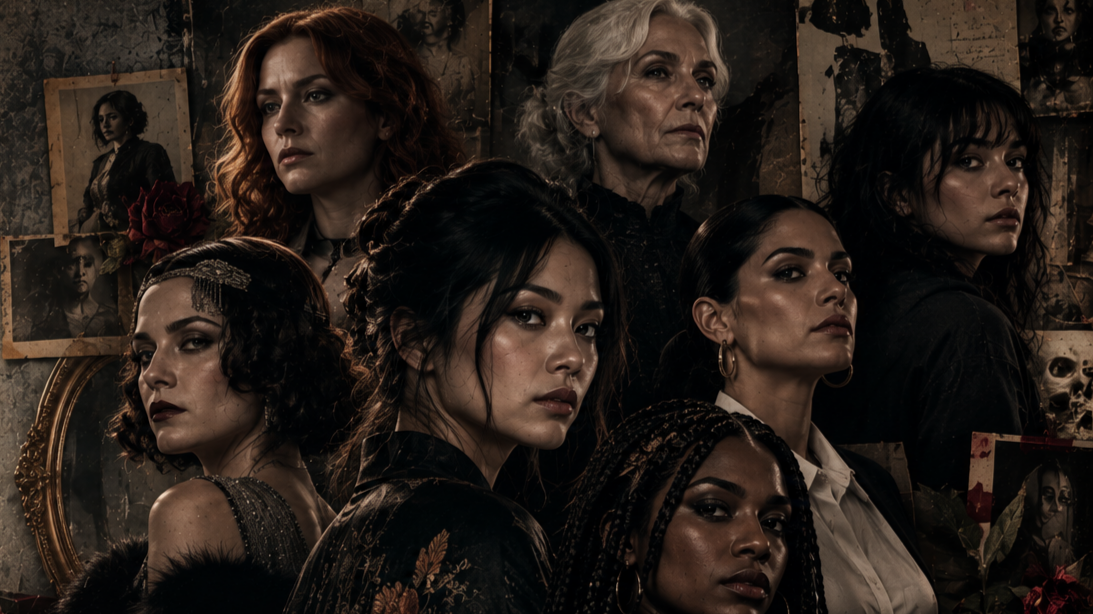 Group of seven women with serious expressions, standing close together in a dark, moody room decorated with photos and a skull.