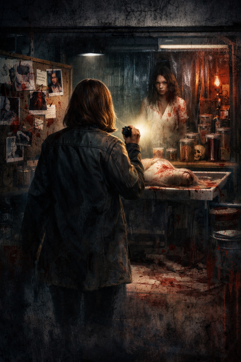 A woman with brown hair takes a photo of a bloody murder scene at a bizarre lab with a woman covered in blood. The scene is dark and disturbing with various jars, a skull, and photos pinned on the wall.