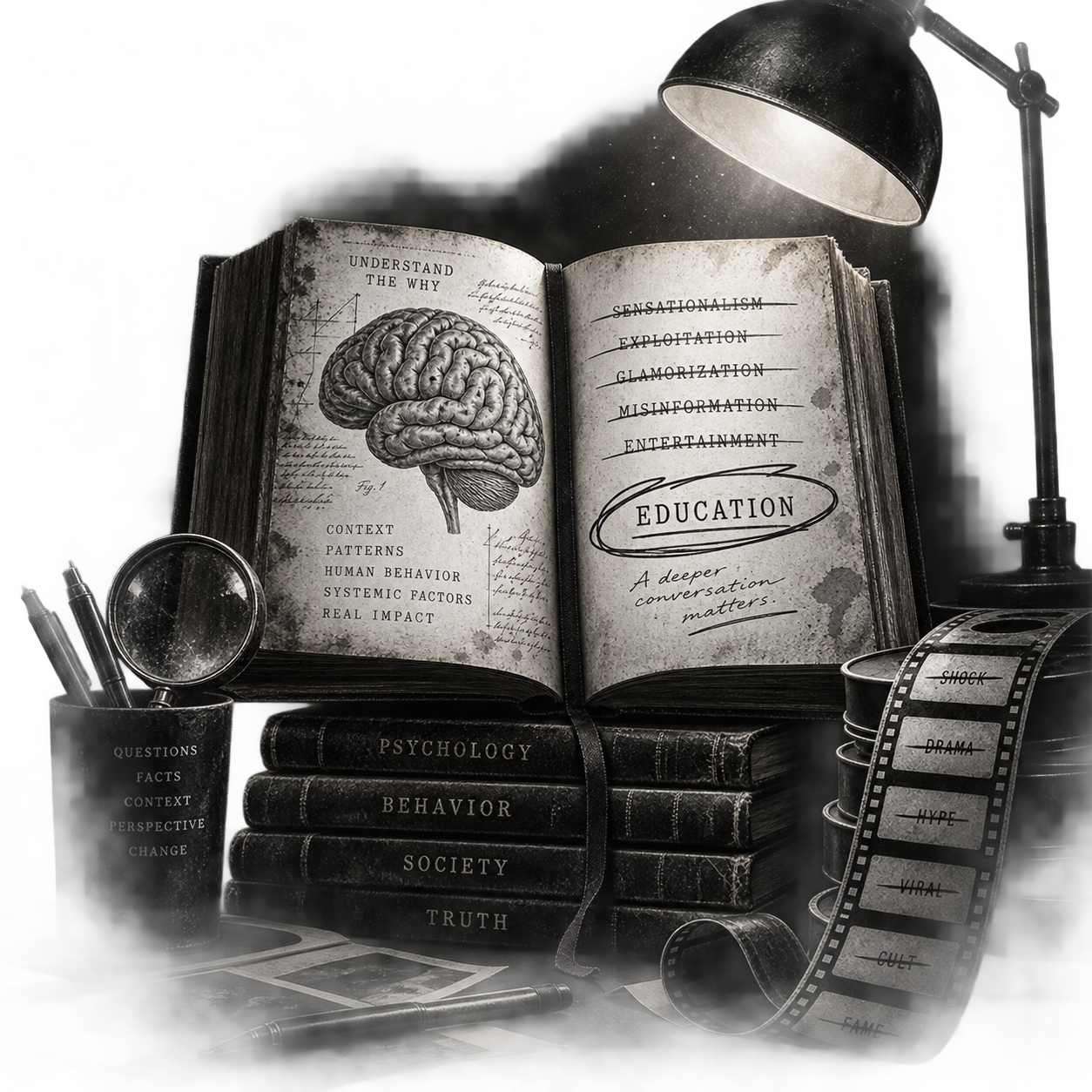 Open book with a brain diagram and the words 'Understand the Why' and 'Education', surrounded by books, film reels, a lamp, and scientific tools, in black and white.