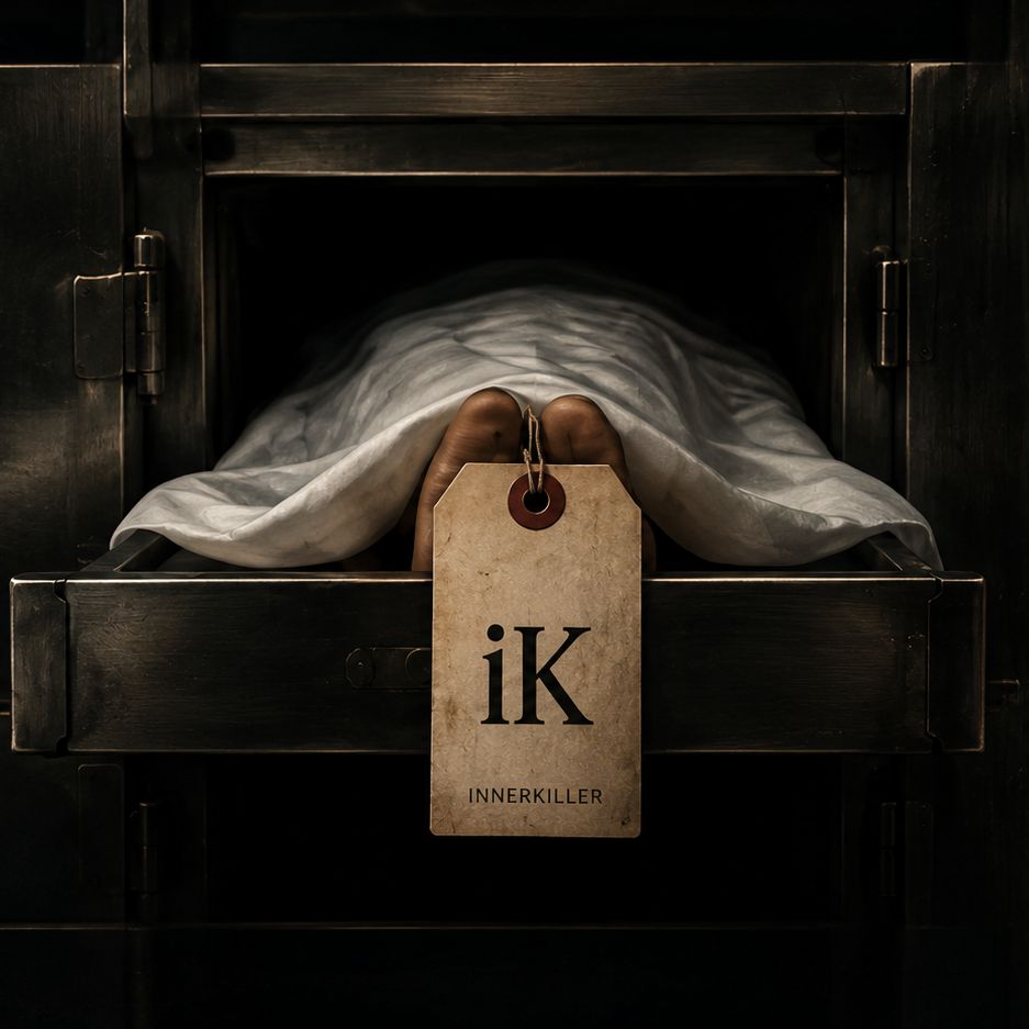 A person lying inside a cremation oven with a tag reading 'iK INNERKILLER' hanging from their ankle.