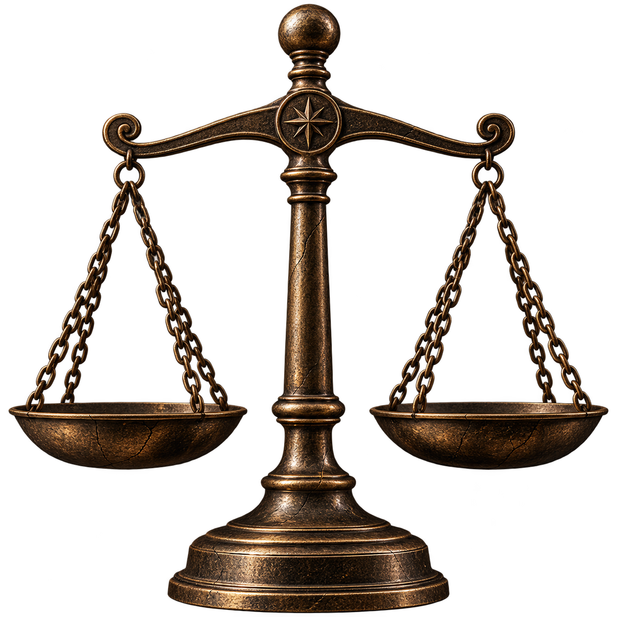 A vintage brass balance scale with empty pans on each side, set against a black background.