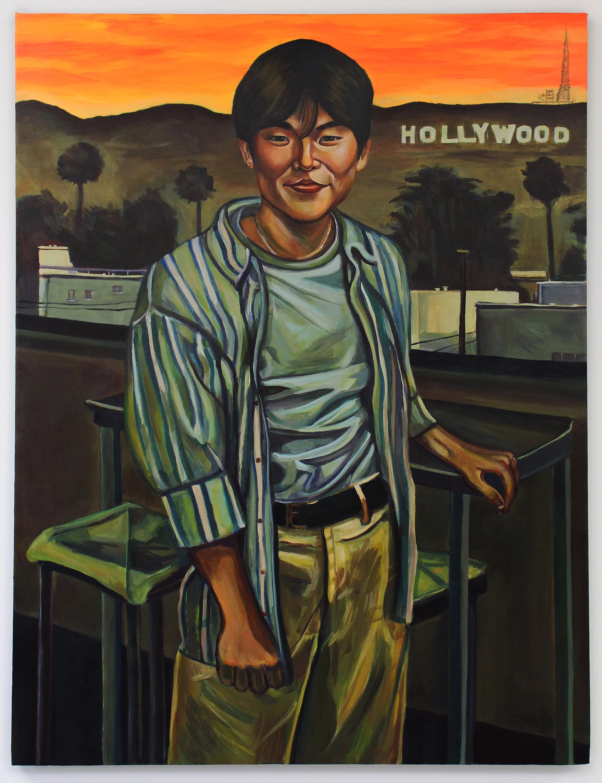 "Akio and the Hills of Hollywood", 36 x 48 inches, acyrlic on canvas, 2026. 