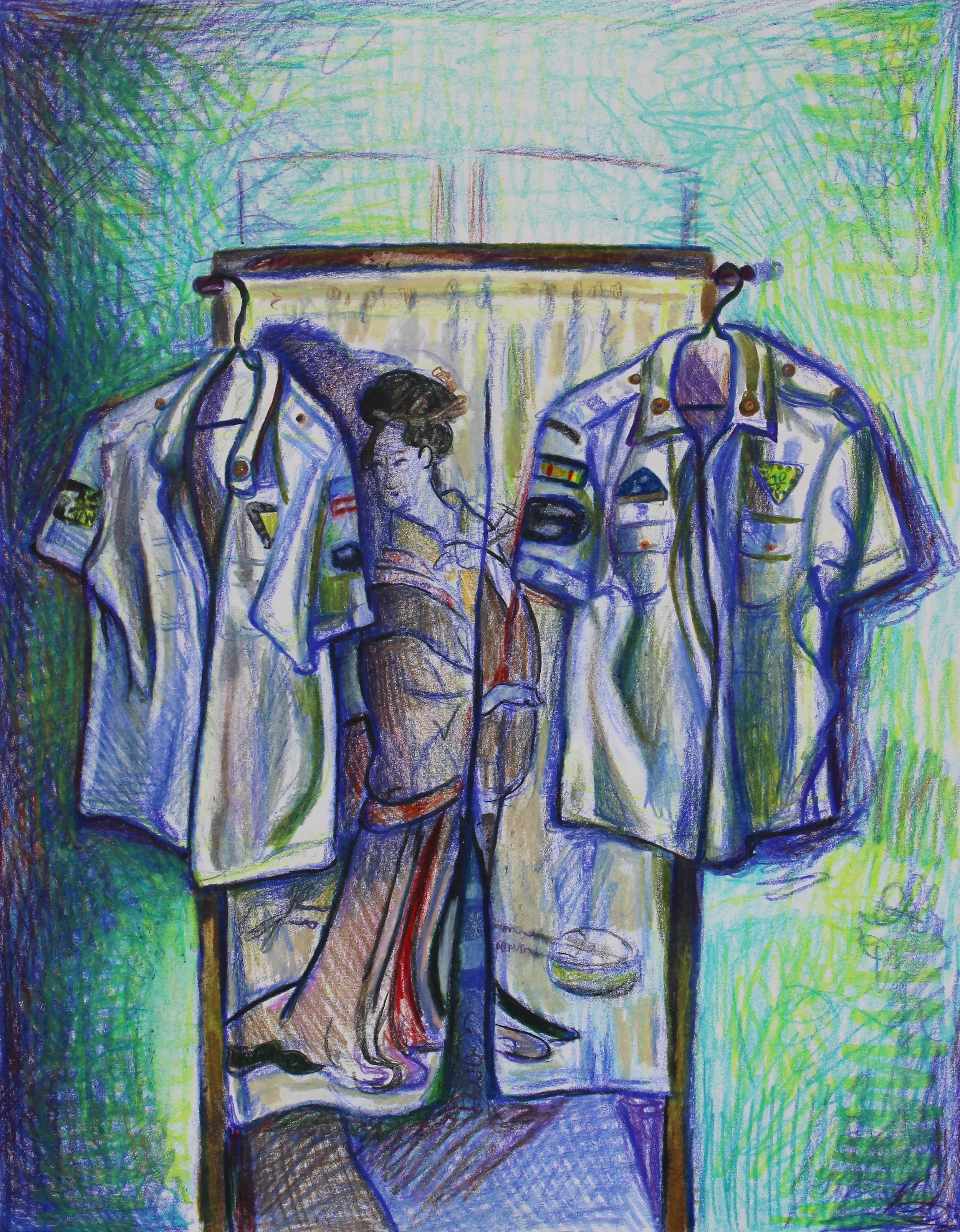 Bachan and Jichan, 11 x 14 inches, colored pencil on paper, 2025. 