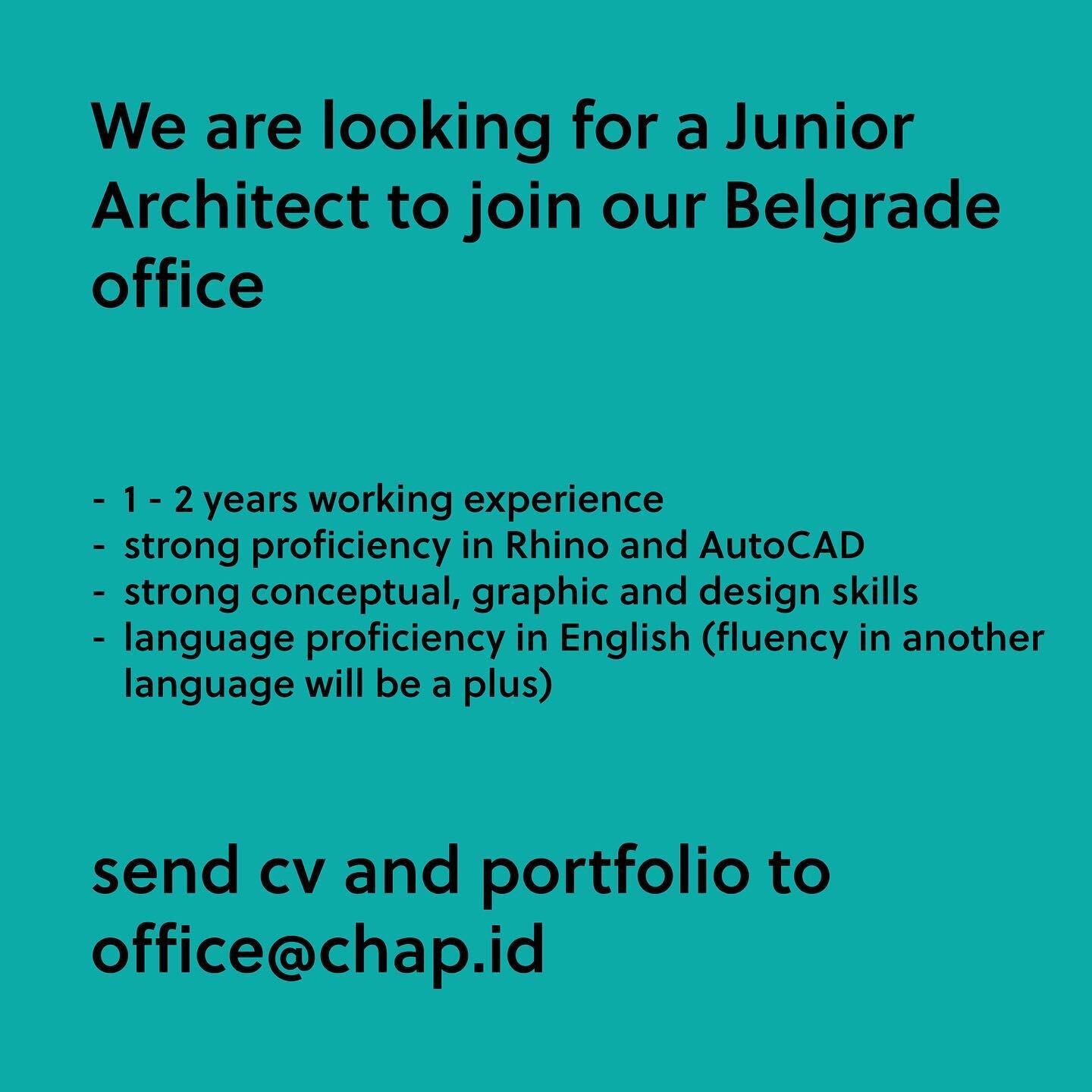 Join us at CHAP!

CHAP Belgrade is looking for an enthusiastic junior architect with strong conceptual design skills, digital skills as well as an eye for detail.

In this position, you will work within an international team on projects in all work s