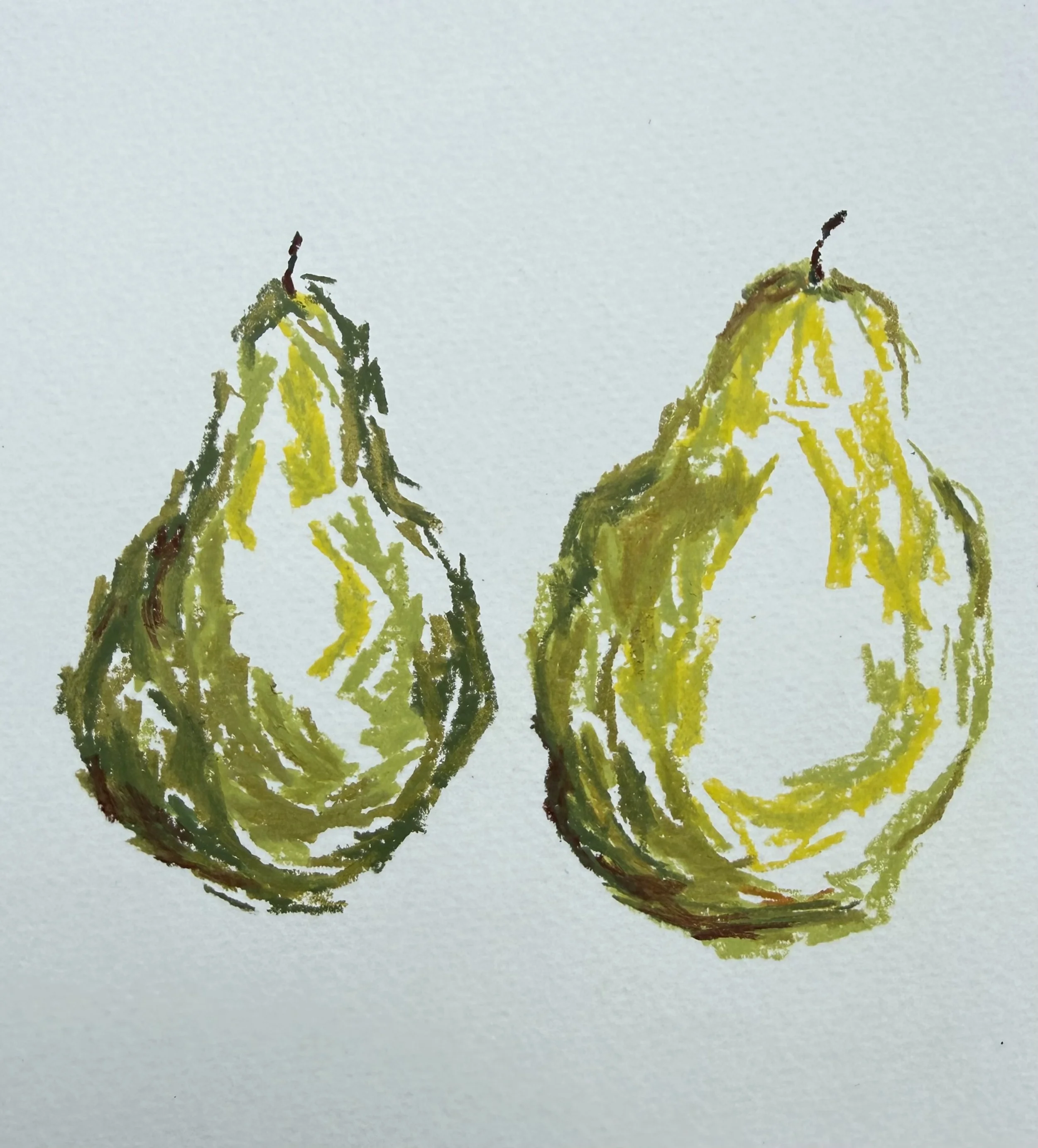 Pair of Pears. Wax pastel on cold-pressed paper. 