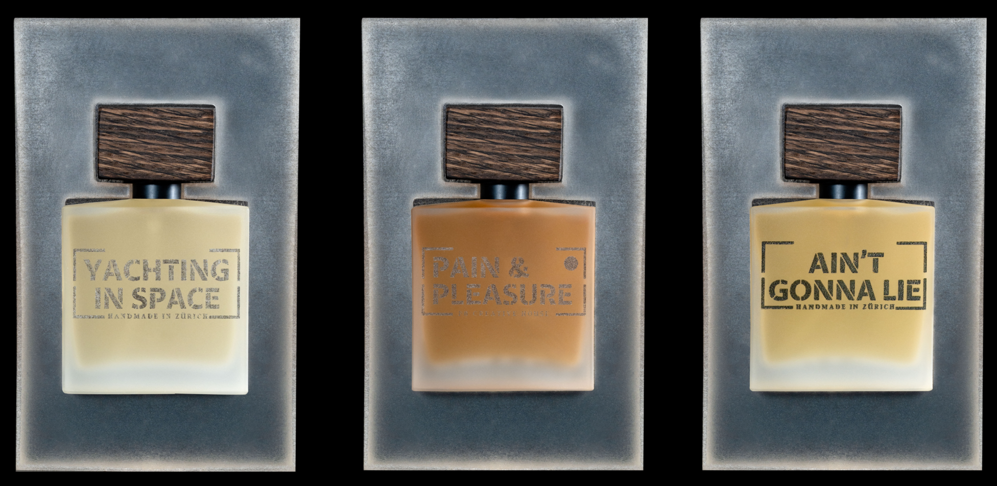 Triptych of three perfume bottles with wooden caps, each labeled with different text. The first bottle says 'Yachting in Space,' the second 'Pain & Pleasure,' and the third 'Ain't Gonna Lie,' all indicating handmade products from Zurich.