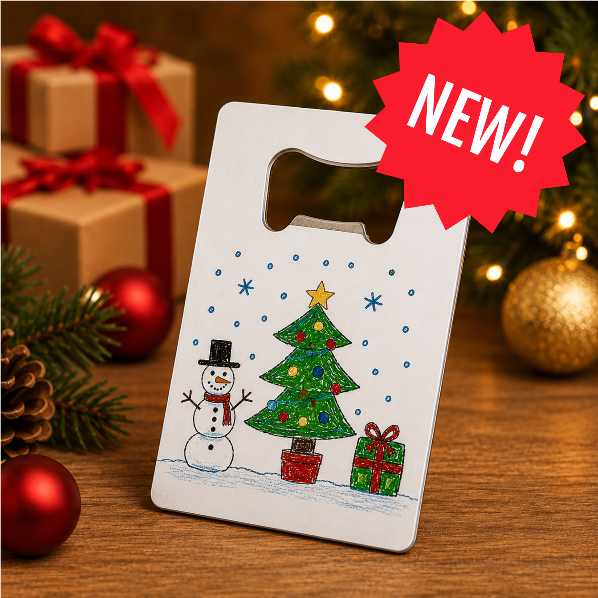 School christmas white metal bottle opener featuring childs original artwork set in front of a christmas tree and presents, with a red icon featuring the word 'new!' in white