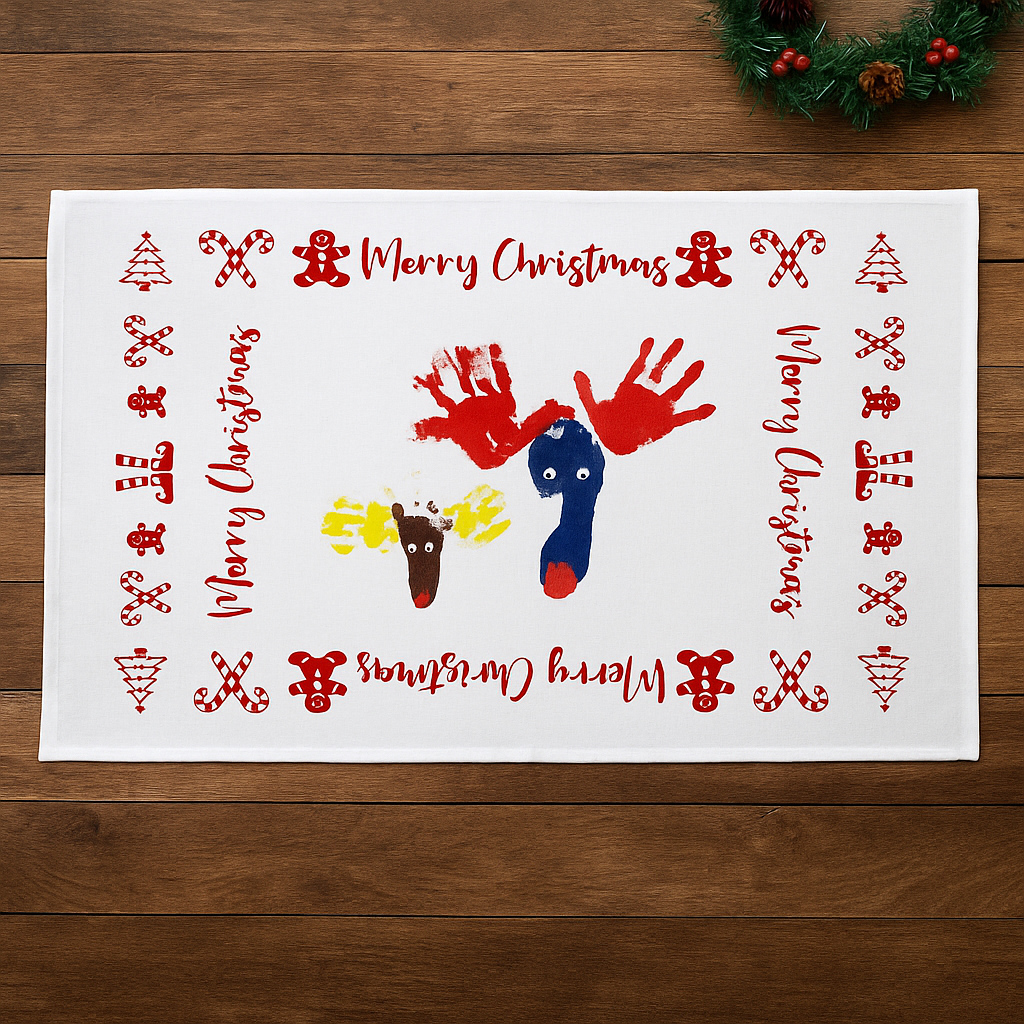 School christmas tea towel in white featuring a child's original artwork in the centre and a red christmas border of candy canes, gingerbread men and christmas trees with the words 'merry christmas'