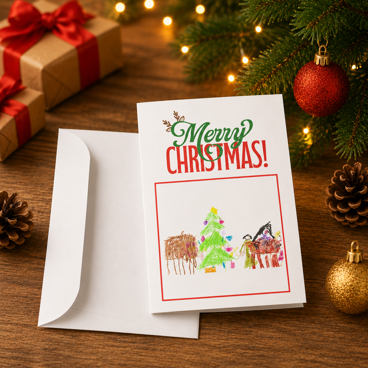 School christmas card with child's original artwork printed on the front