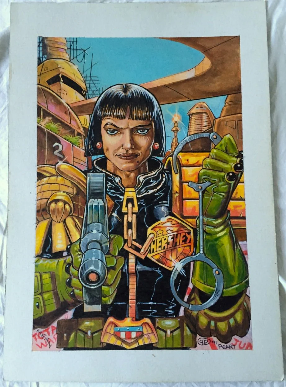Judge Hershey. A comic-style drawing of a woman with a stern expression, black bob haircut, wearing futuristic armor, holding a gun and a circular weapon, with a background of a sci-fi cityscape.
