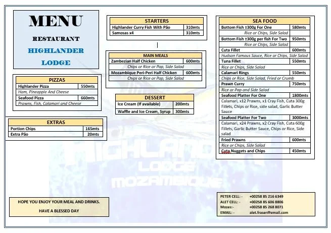 Highlander Lodge Menu