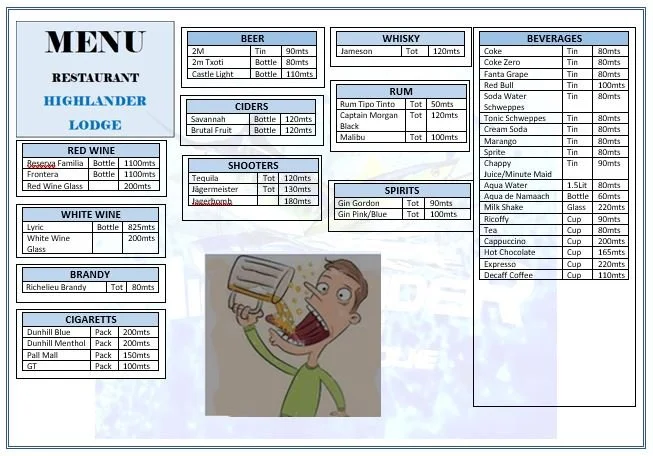 Highlander Lodge Menu