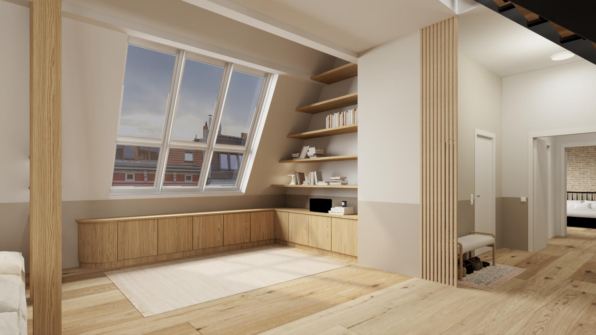 Interior of a modern attic room with large sloped windows, wooden built-in storage, open shelving filled with books, and a view of neighboring rooftops.