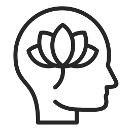 Outline of a human head with a lotus flower inside the brain area, symbolizing mindfulness or mental wellness.