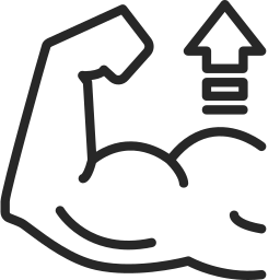 Line drawing of a flexed arm muscle with an upward arrow indicating strength or growth.