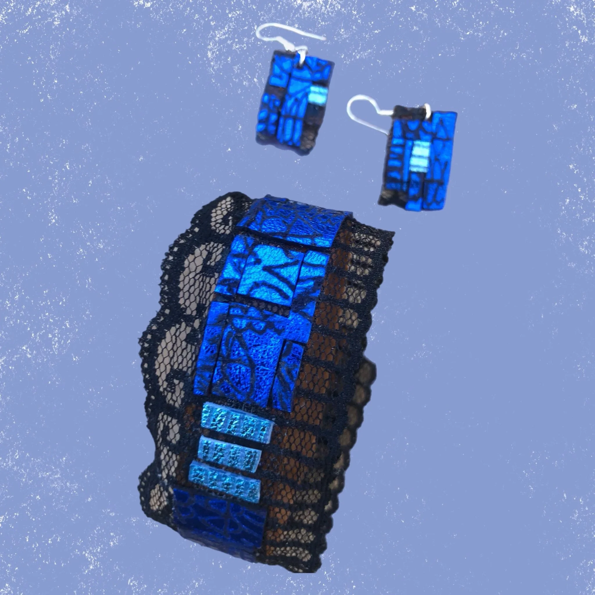 Lace and Leather Collection- Black and Azure Bracelet and Earring Set