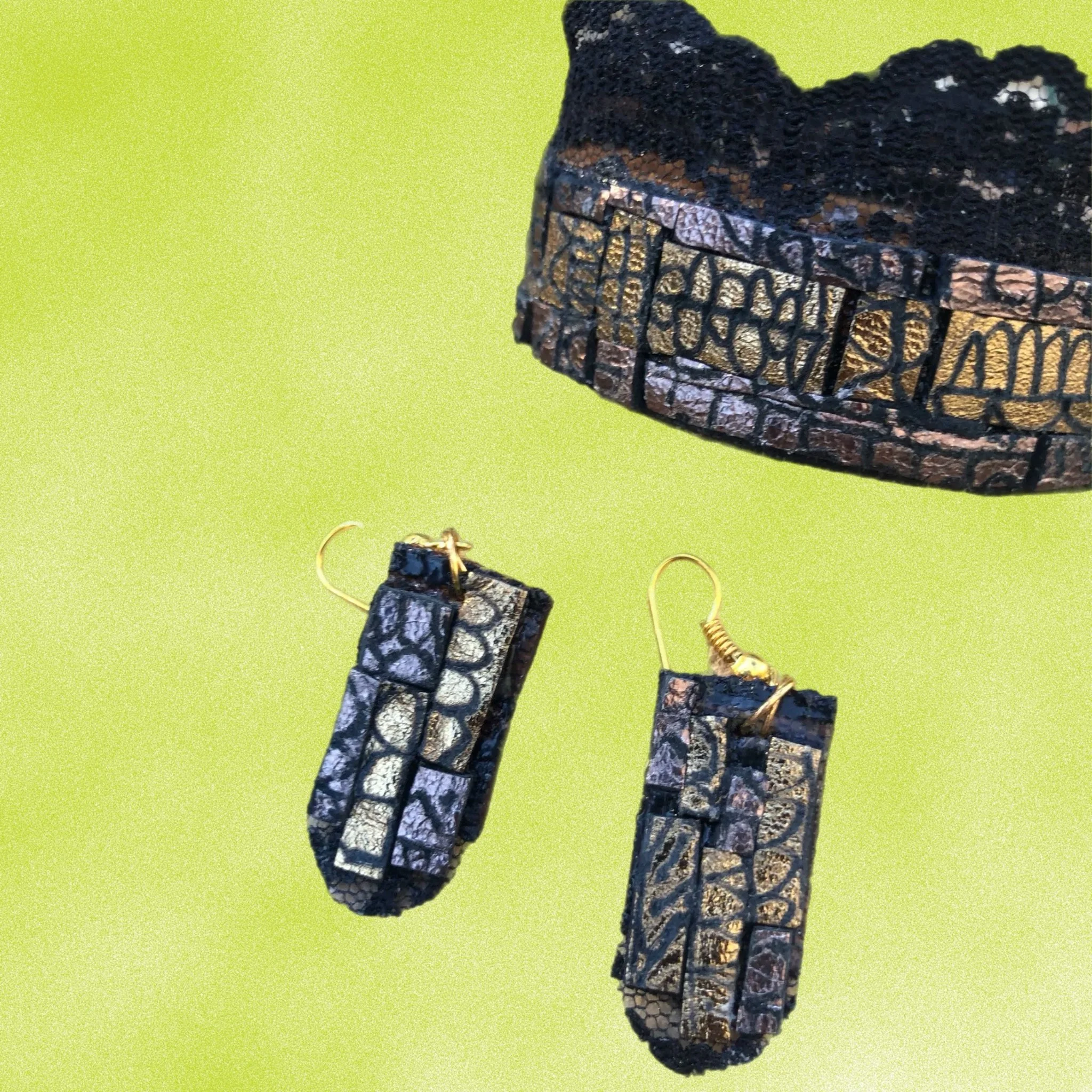 Lace and Leather Collection- Black and Gold Bracelet and Earring Set