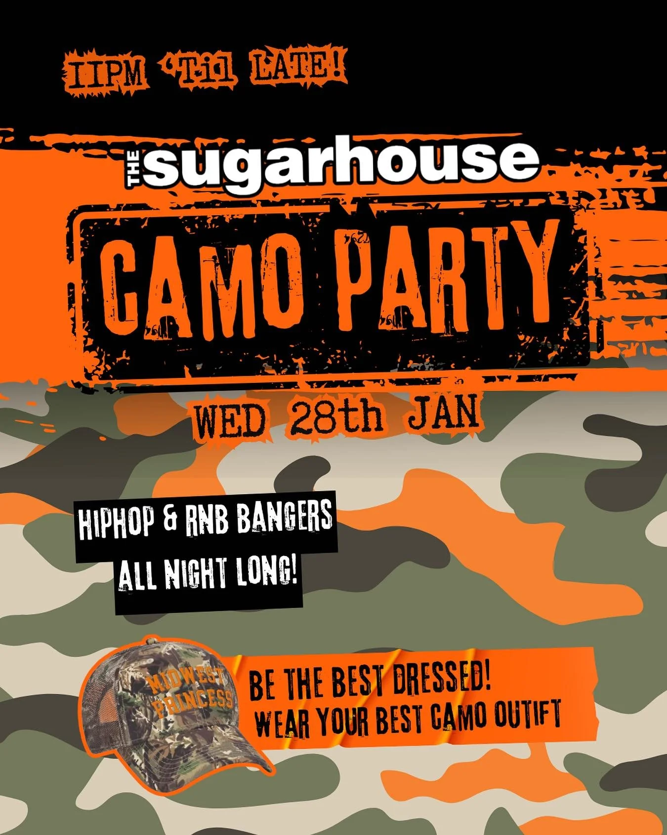 🔥 CAMO HIP-HOP NIGHT at SUGARHOUSE 🎶

Lock in. Camo on. Bass up.

Sugarhouse is going full stealth mode with a Camo Hip-Hop Night &mdash; heavy beats, dark club energy, and nothing but hip-hop anthems all night long.

From old-school classics to mo