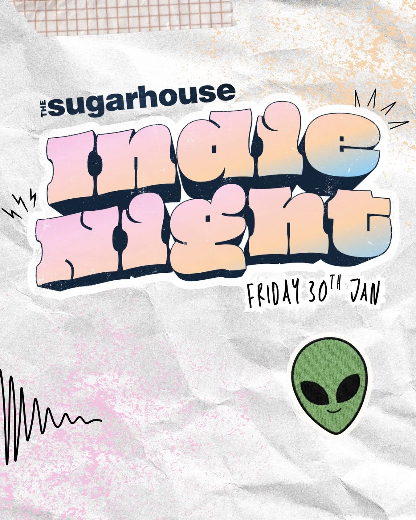 🎸 INDIE NIGHT at SUGARHOUSE 🖤✨

For the ones who arrive early, stay late, and shout every lyric like it means something.

Indie Night at Sugarhouse is back &mdash; bringing you the songs that feel like summer nights, road trips, and the end of a co