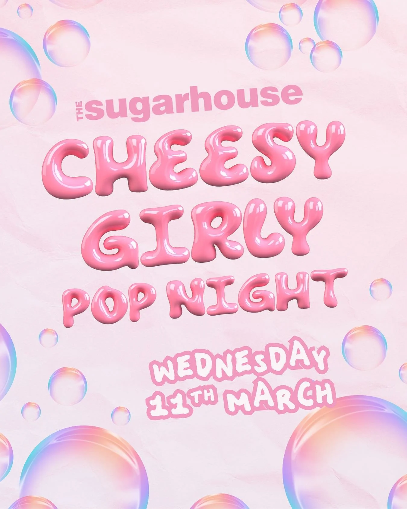 💖✨ CHEESY GIRLY POP NIGHT at SUGARHOUSE 🎀

Pink. Pop. Power Anthems.

This one&rsquo;s for the girls, the gays, and anyone who loves a scream-the-lyrics moment.

Cheesy Girly Pop Night is taking over Sugarhouse with bubblegum bangers, pop princess 