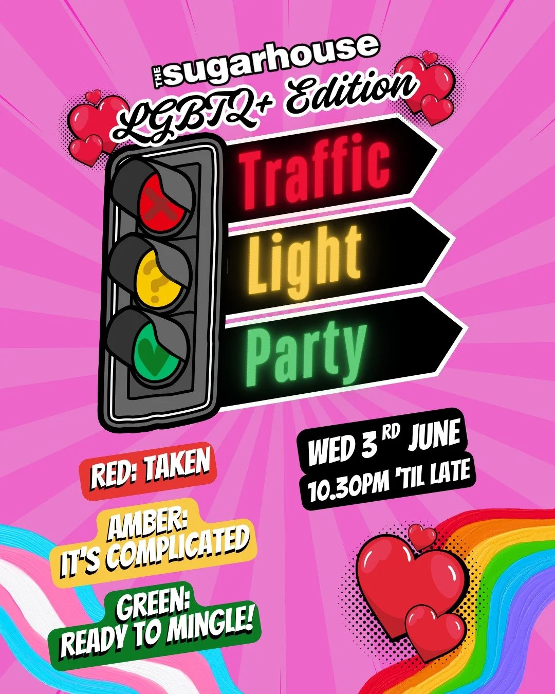 Traffic Light Party is BACK! and better than ever 💕

To kick off our Pride Week in style, our traffic light system will be in full swing to help you find your special someone. 💖🧡💛💚💜

Get ready for some of the best tunes in LGBTQ+ History whilst