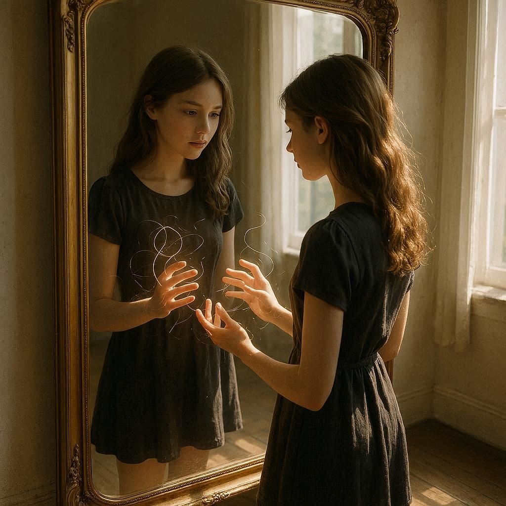 Joven adolescente ve su reflejo alterado en el espejo