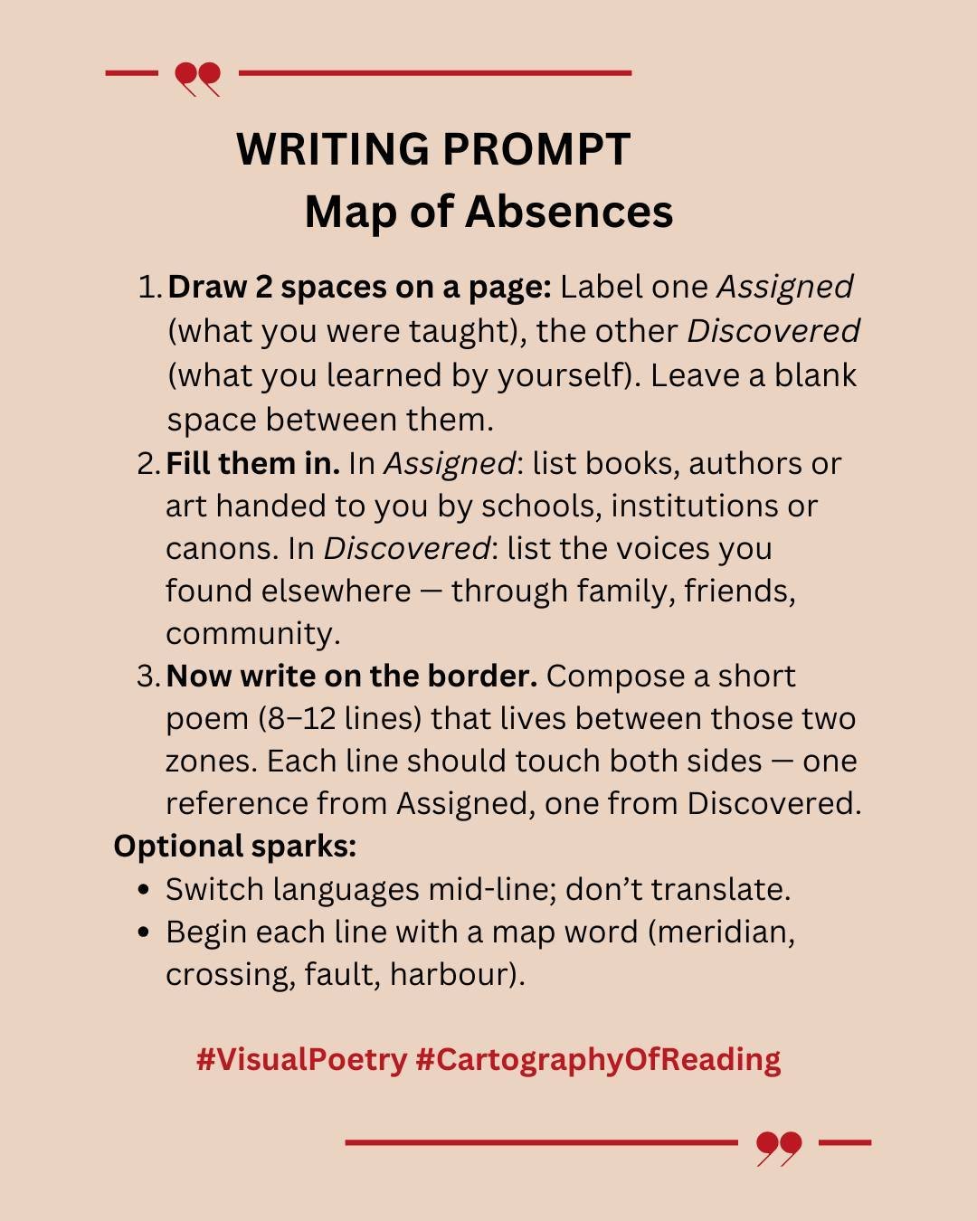 🌊 #Currents: Prompt #2: Map of Absences

Every writer lives between what they were assigned and what they discovered.

This week&rsquo;s #Archipel prompt asks you to map that space &mdash;

the gap between the syllabus and the street,
between the te