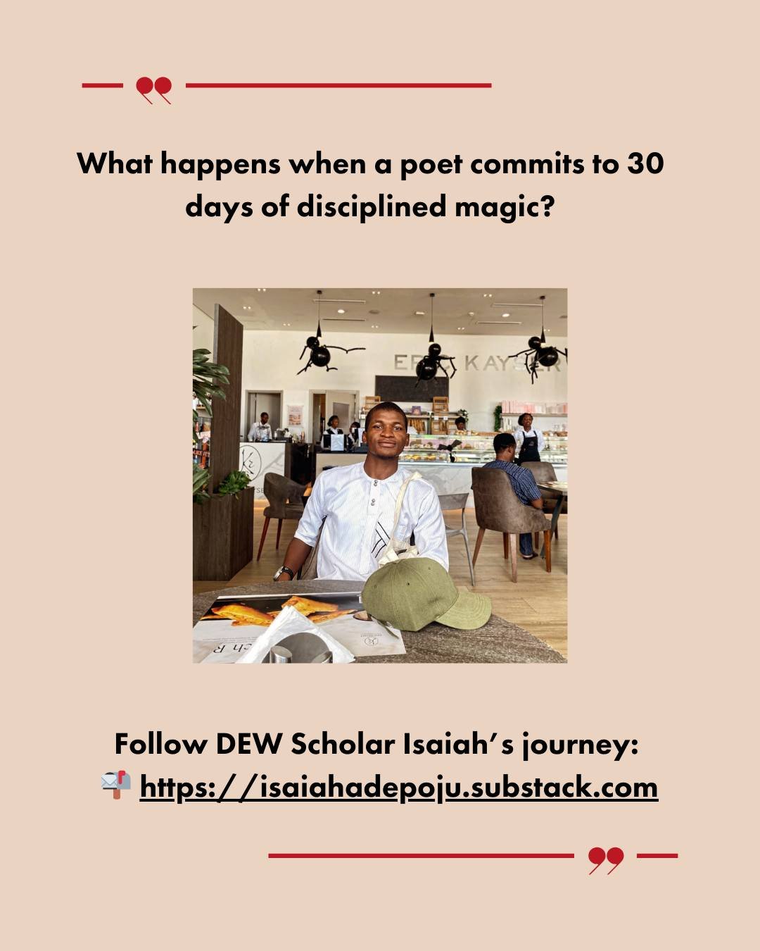 🌊 Featuring DEW Scholar Isaiah Adepoju's 30-day writing practice &mdash; small daily entries which are honest, brave and creative. 💛

His devotion has been a joy to read. 🌟

And it sparked something in me too. 🔥

If you want to follow along with 