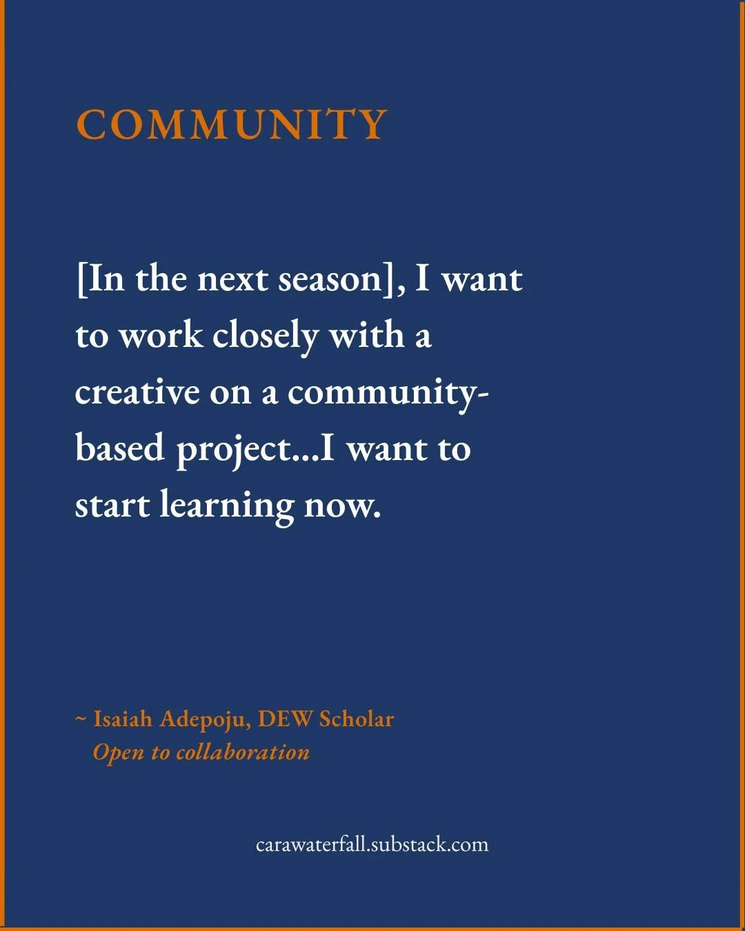 🌊 Community is the ecosystem that makes the work possible: peers, collaborators, readers, elders. 🤝🌱👥

This week I'm sharing a mentorship reflection from DEW Scholar @isaiah_adepoju_ - in his own words - on community. 💬✨

🔗 Link in bio

#writin