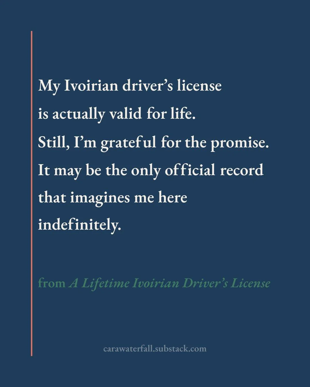 My Ivorian driver&rsquo;s license is valid for life.

One of the few documents that assumes I&rsquo;ll stay.

🌊 A Lifetime Ivorian Driver&rsquo;s License

🔗 link in bio

#Longform #Currents #PersonalEssay #cotedivoire #abidjan