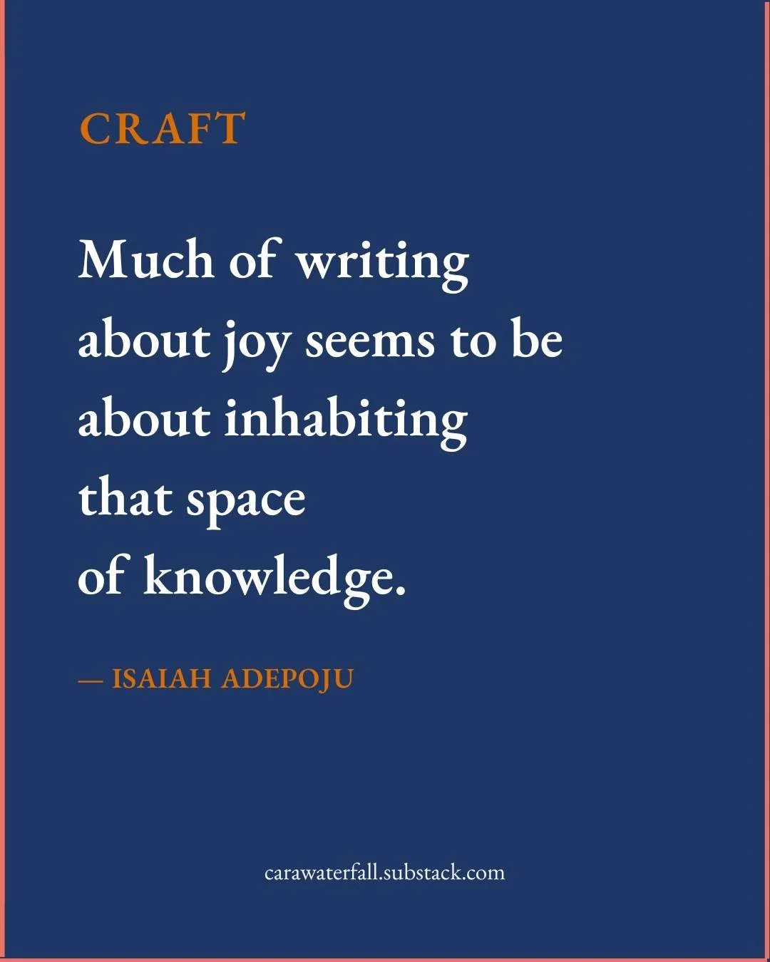 🛠 CRAFT

&ldquo;Much of writing about joy seems to be about inhabiting that space of knowledge.&rdquo;

In his latest reflection, DEW Scholar Isaiah Adepoju considers how understanding &mdash; often shaped by grief &mdash; can deepen the work of a p