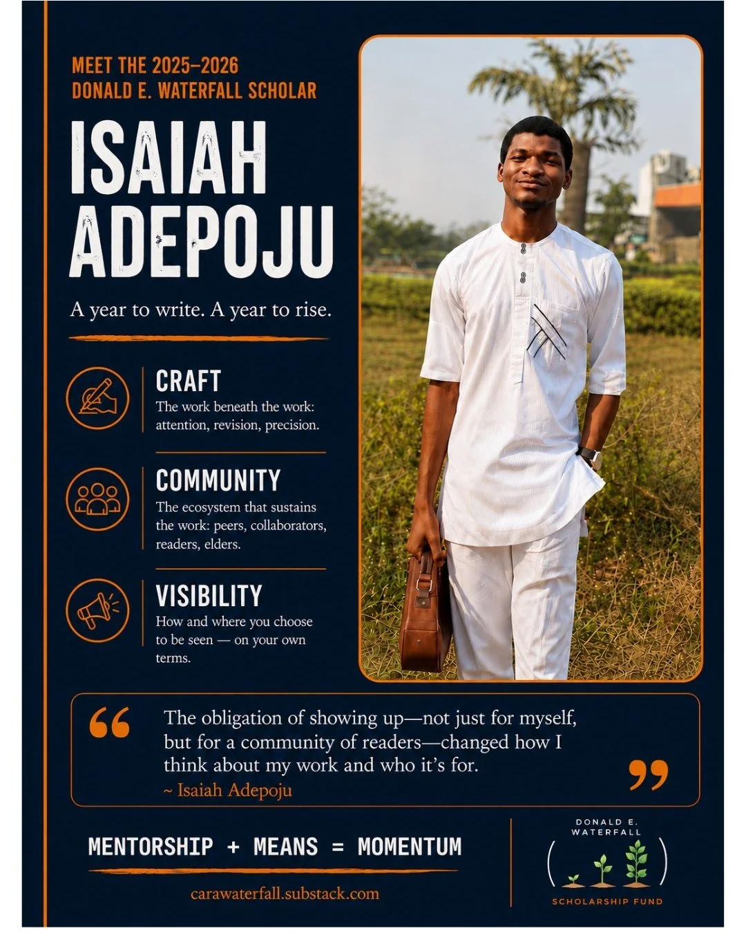 🌊 Last year, @isaiah_adepoju_ became the inaugural Donald E. Waterfall Scholar. 

Over the past year, I've watched his work deepen &mdash; not only on the page, but in community. 

Isaiah already possesses the curiosity, intellectual rigour, generos