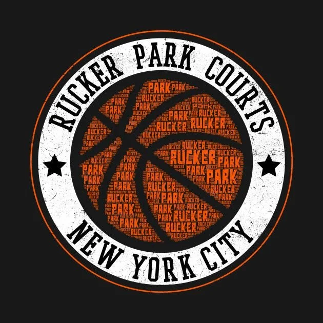 Logo of the New York Knicks featuring an orange basketball with the word 'Rucker' repeatedly written inside, encircled by the text 'Rucker Park Courts New York City'.