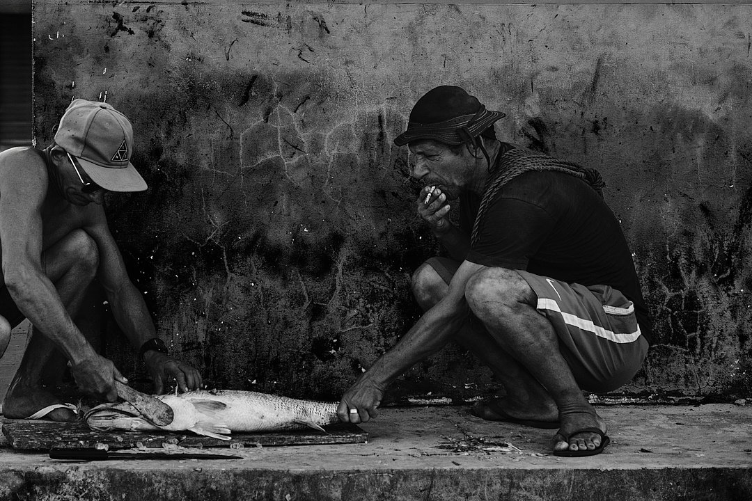At the end of the day the catch comes in. One man works the knife while the other watches and smokes, a rope still looped around his neck from the boat. The wall behind them is dark and cracked and has heard this conversation a thousand times. Fish, 
