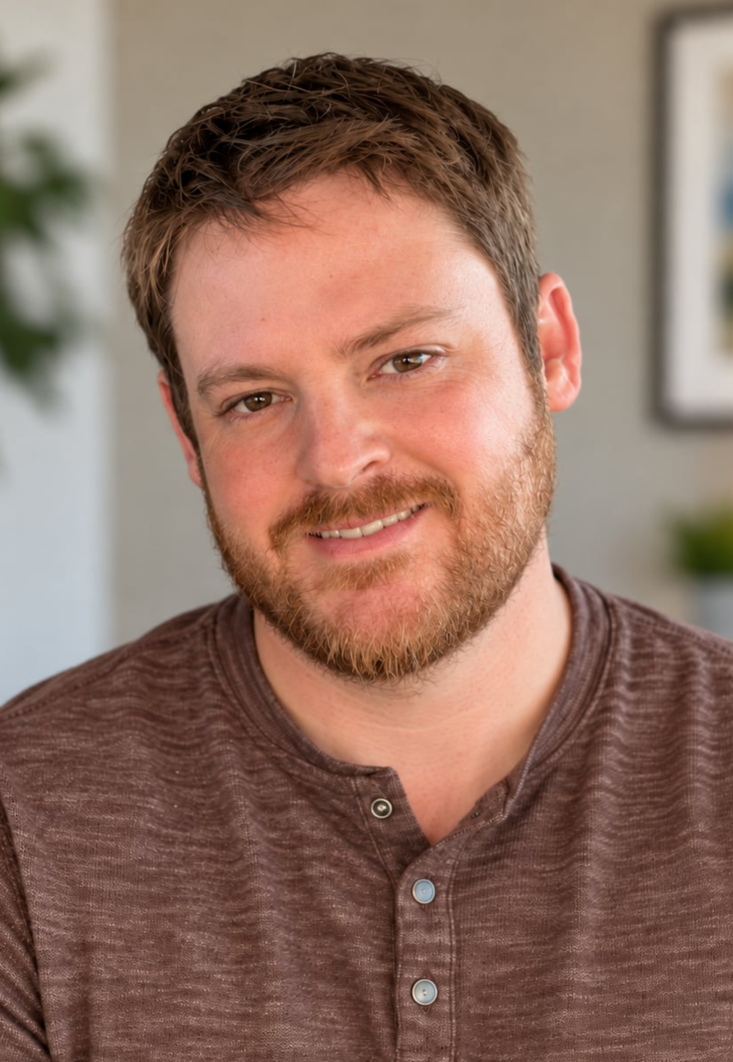 Close-up portrait of a young man with short brown hair and a beard, wearing a maroon button-up shirt, smiling softly indoors.