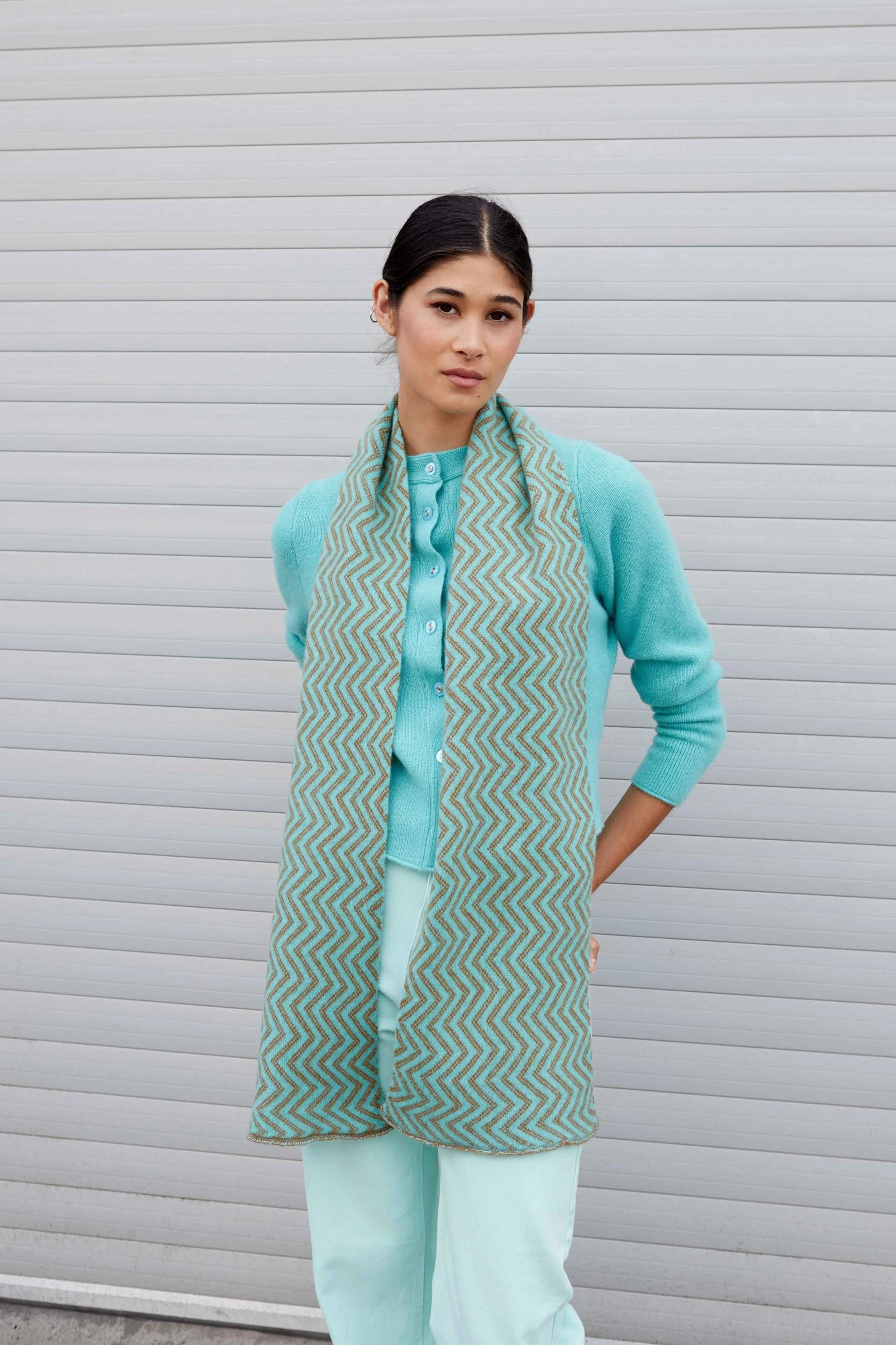 Alana - Zig Zag Chevron Scarf in Tobacco & Aqua