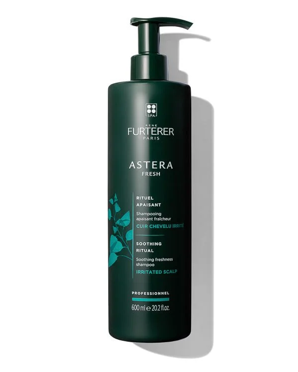 A dark green bottle of FURTERER Paris Astera Fresh soothing shampoo for irritated scalp with a pump dispenser, 600 ml.