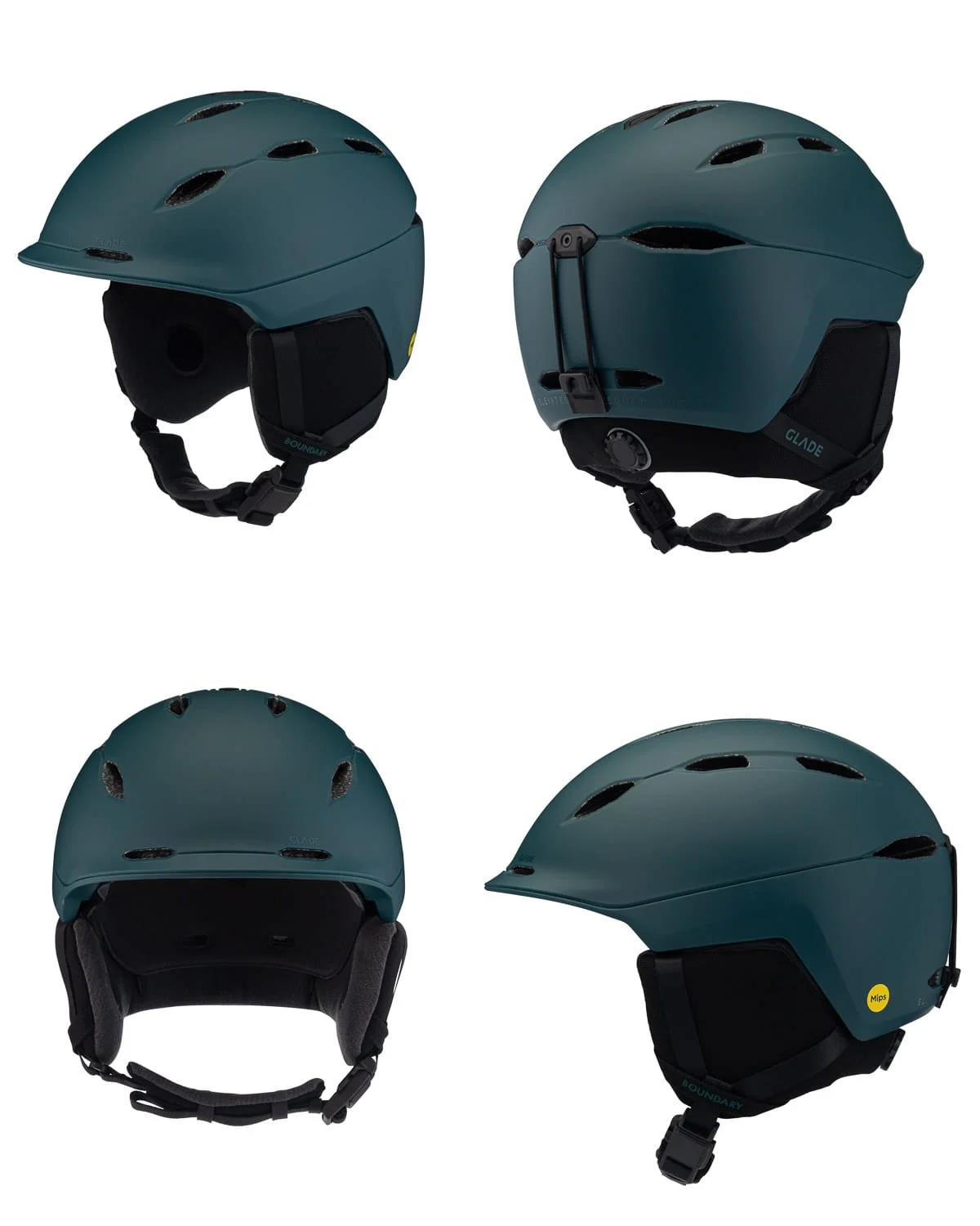 Four views of a dark teal ski or snowboard helmet with black padding and adjustable straps.