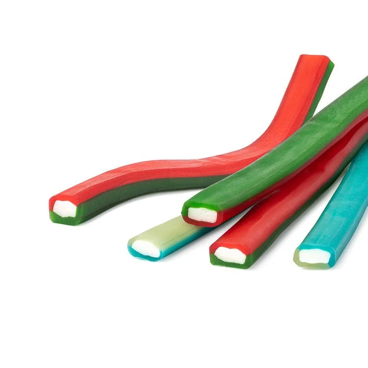 Colorful sour gummy worms on a white background.