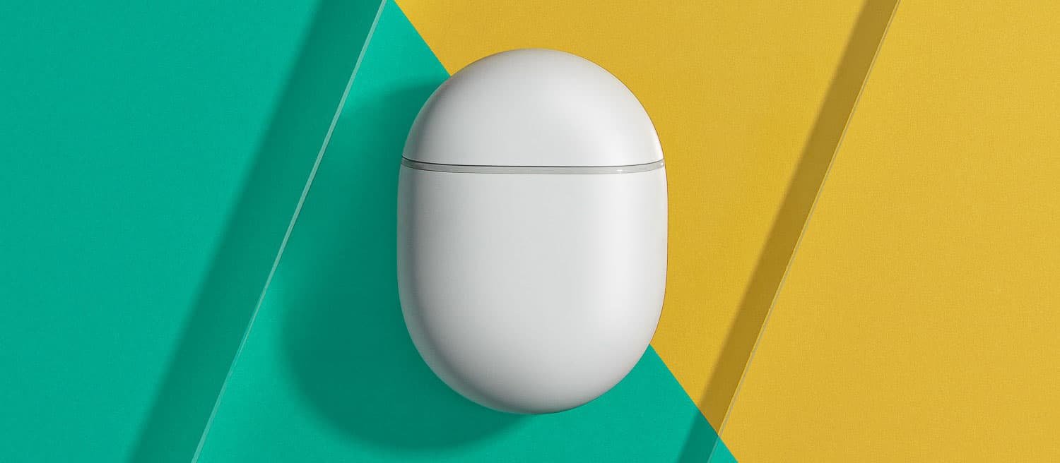 White wireless earbuds case on a colorful background with green, yellow, and blue sections.