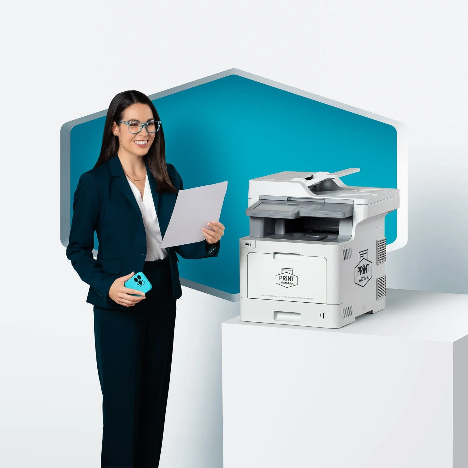 A woman in a navy blazer and glasses holding a paper and a phone stands next to a photocopier machine, with a blue backdrop.