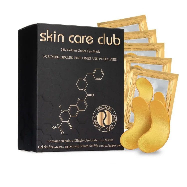 Box of skincare club 24K Golden Under-Eye Mask with four gold-colored eye masks and four gold foil eye mask packs.